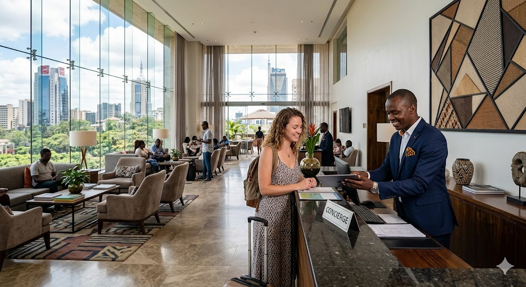 A bright, airy hotel lobby in the Westlands district of Nairobi, featuring modern African decor, large windows with city views, and a friendly concierge helping a tourist.