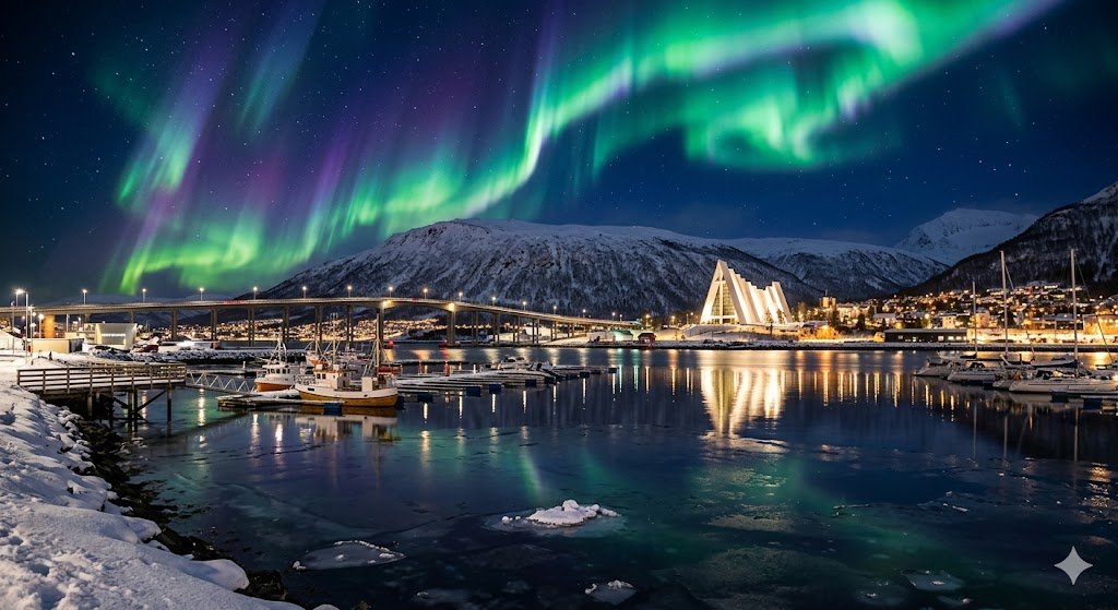 A vibrant Aurora Borealis dancing over the Arctic Cathedral in Tromsø, with the city lights reflecting in the icy water of the harbor.