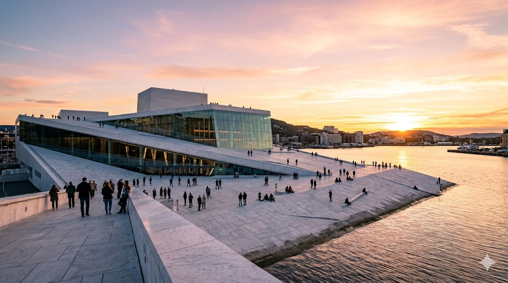 The modern Oslo Opera House at sunset, with its white marble roof sloping into the fjord and people walking on the exterior architecture.