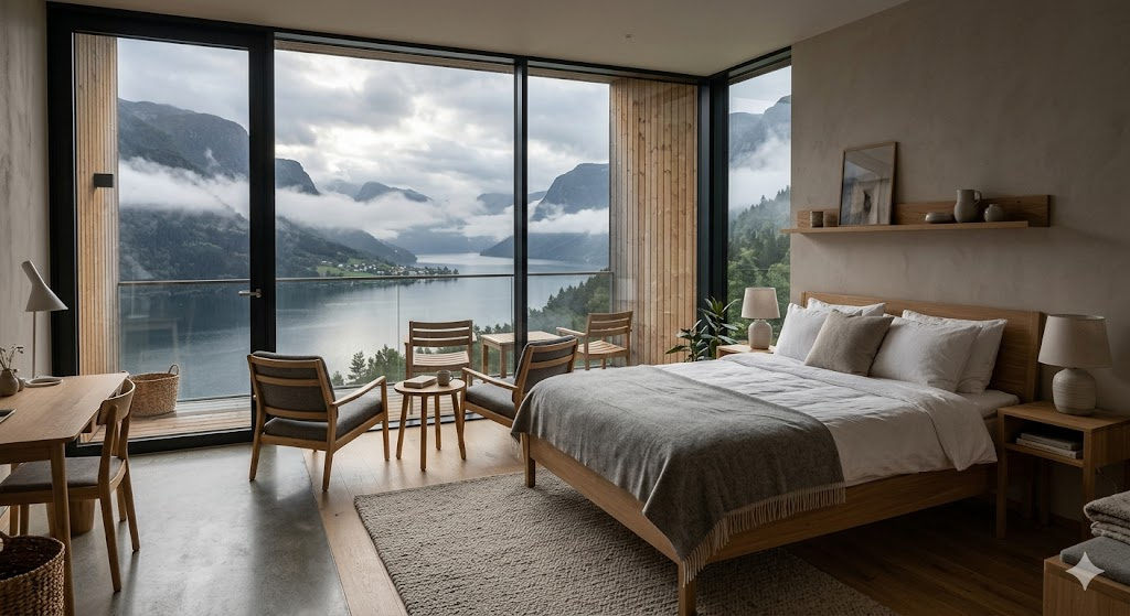 A luxury boutique hotel room with floor-to-ceiling glass walls overlooking a misty fjord, featuring minimalist Scandinavian wooden furniture.