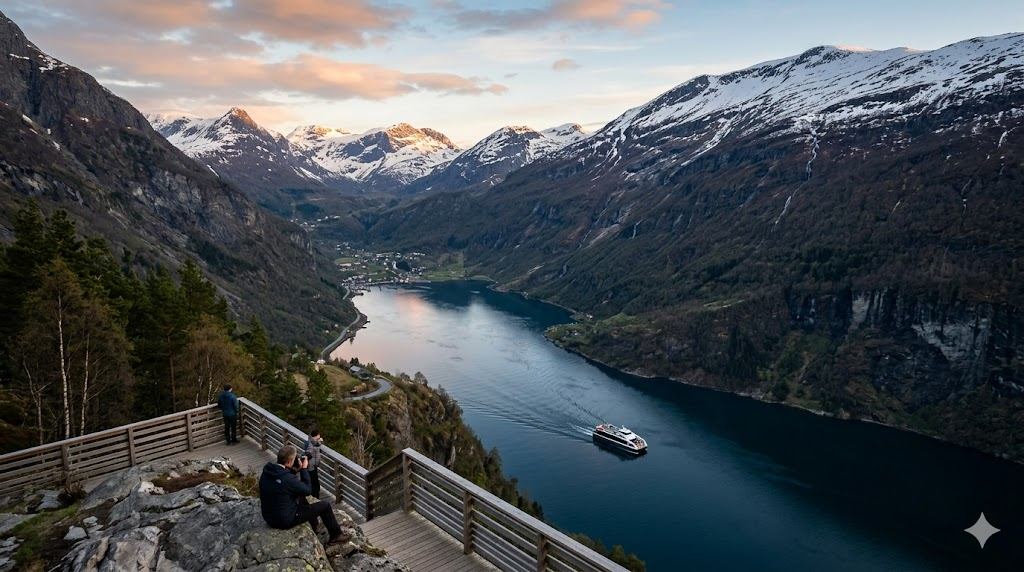 A wide-angle shot of Geirangerfjord from the Flydalsjuvet viewpoint, featuring the deep blue water, a small electric ferry, and snow-capped peaks under a soft morning glow.