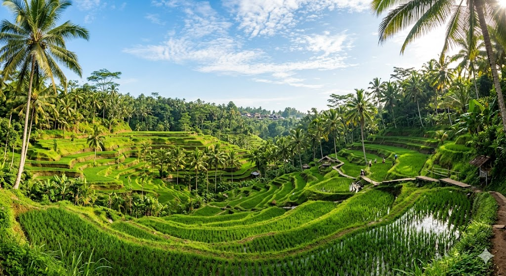A wide-angle, vibrant photograph of the lush green Tegallalang rice terraces in Ubud, Bali, during a clear, sunny July morning, with soft golden sunlight filtering through coconut palm trees.
