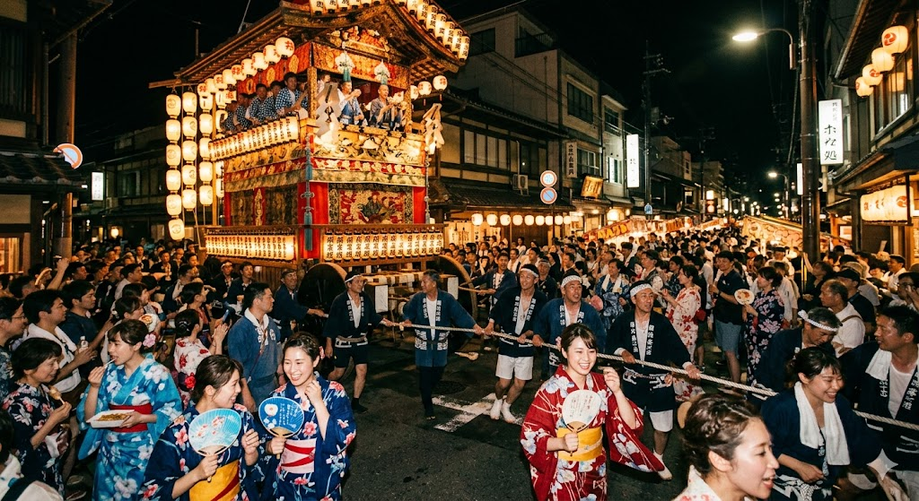 An action shot of a traditional Japanese summer festival (Matsuri) in Kyoto at night, showing illuminated paper lanterns, crowds in colorful yukata, and a massive wooden festival float moving down the street