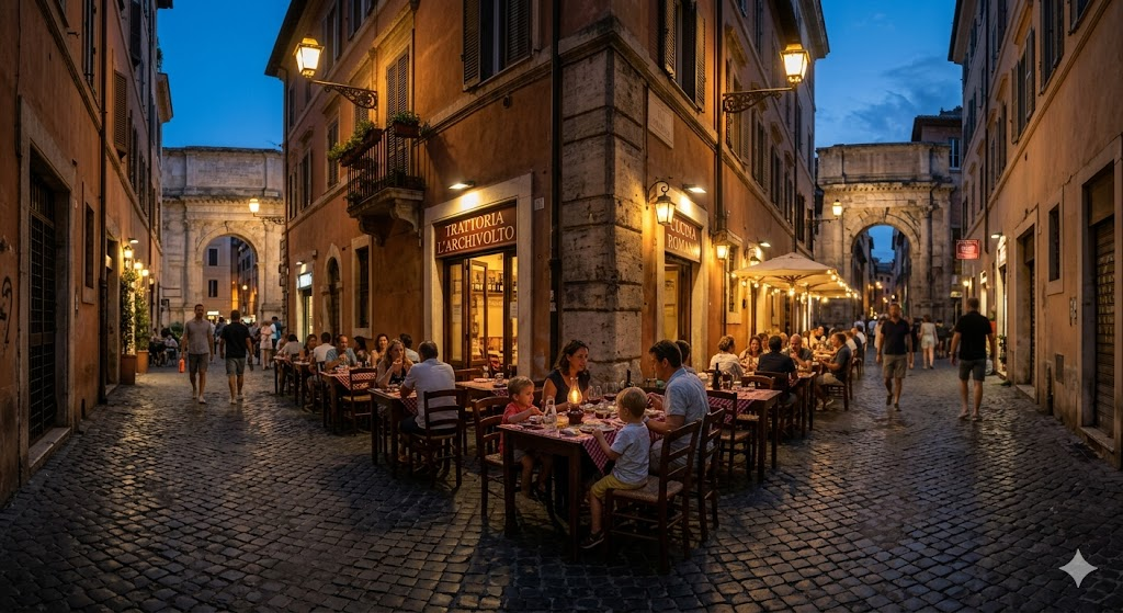 A wide-angle, authentic photograph of a narrow, cobblestone street in Rome, Italy at dusk. Warm golden streetlights illuminate a small, outdoor family-run trattoria with wooden tables. In the soft, blurred background, the ancient architecture of a historic roman arch is visible under a deep blue twilight sky.
