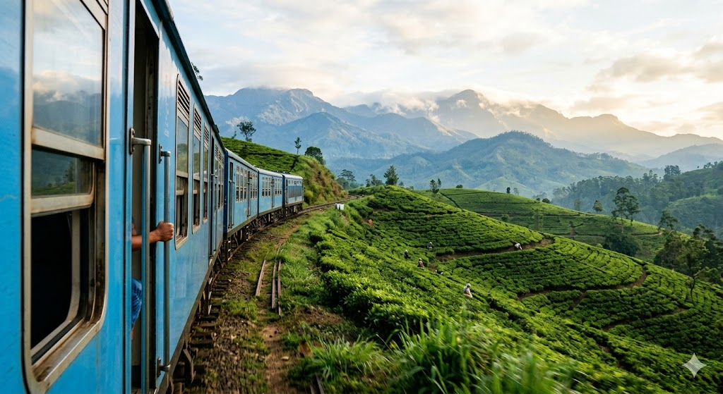A vibrant, experiential photograph looking out from the open doorway of a moving blue vintage train in Sri Lanka. The train curves gently along a lush, green hillside covered in rolling tea plantations, with misty mountains stretching across the horizon under soft morning sunlight.