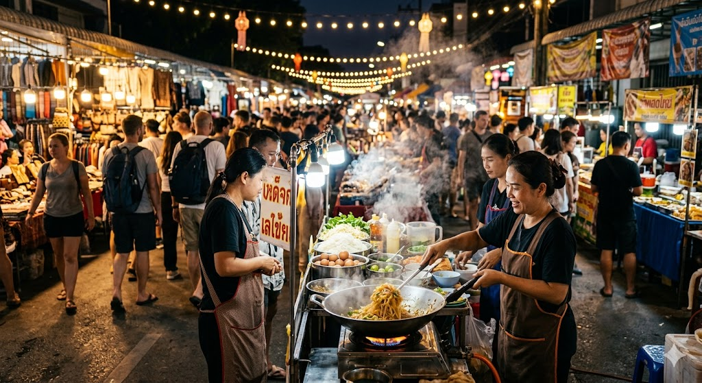 A colorful, high-detail photograph of a bustling night market in Chiang Mai, Thailand. Steam rises from a street food stall where a local cook prepares pad thai in a large wok. In the background, warm string lights hang above a crowd of travelers exploring the market stalls.