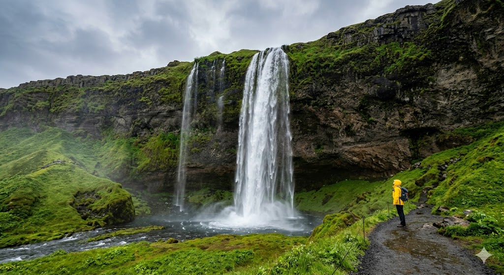 A striking, professional landscape photograph of a powerful waterfall in Iceland, such as Seljalandsfoss, surrounded by vivid green mossy cliffs. A lone traveler in a bright yellow jacket stands on a path nearby, highlighting the immense scale of the cascading water under a soft, overcast sky.