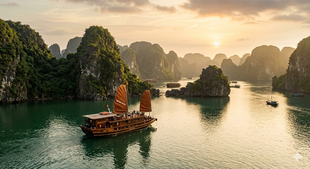 A scenic, wide photograph of Ha Long Bay, Vietnam at golden hour. A traditional wooden junk boat sails smoothly across the calm, emerald green water, surrounded by towering limestone karsts covered in lush green foliage under a warm, hazy sky.