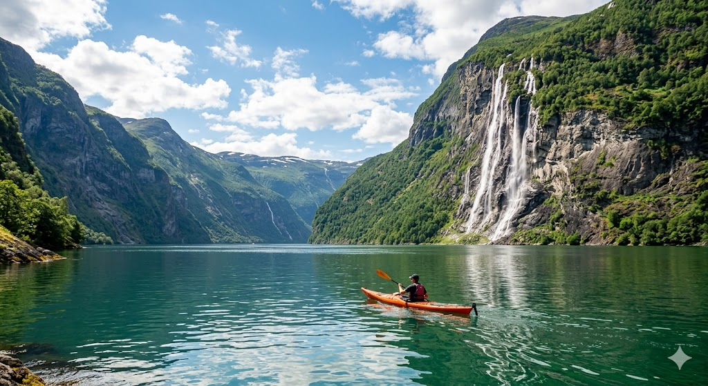 A wide-angle, bright summer photograph of a person kayaking on the calm, emerald-green waters of Geirangerfjord in Norway, surrounded by towering steep cliffs and cascading waterfalls