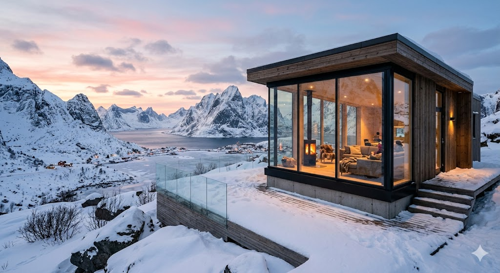 A modern Scandinavian luxury cabin with massive floor-to-ceiling glass walls, looking out over a snow-covered mountain range in Norway during the soft pink light of the winter twilight.