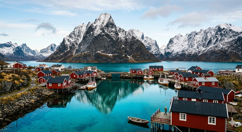 A spectacular photograph of red fishing cabins on the edge of a turquoise ocean bay in the Lofoten Islands, Norway, beneath massive, sharp granite mountains dusted with light winter snow.