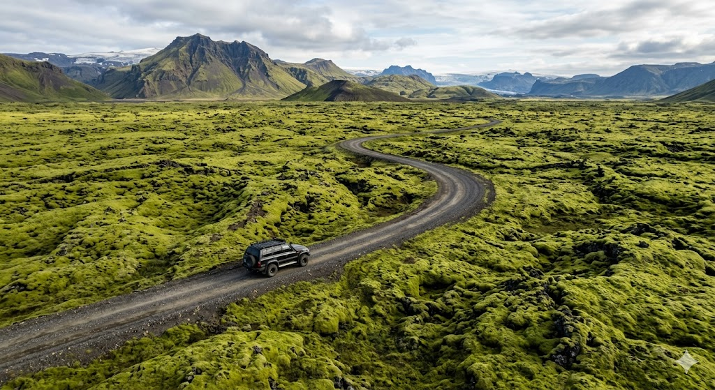 An aerial drone shot of a black four-wheel-drive adventure vehicle driving along a lonely road that cuts through a vast, bright green mossy lava field in Iceland.