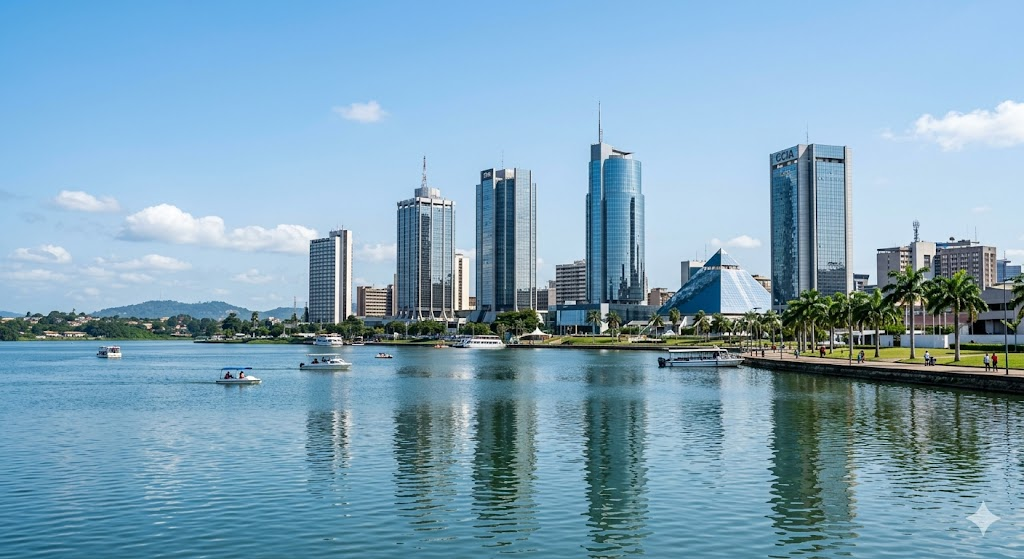 A professional, high-quality photograph of the modern skyline of Abidjan, Ivory Coast, taken from across the Ebrié Lagoon during a bright, sunny afternoon. The image showcases glistening skyscrapers in the Plateau district, peaceful water in the foreground, and a clean, safe urban atmosphere.