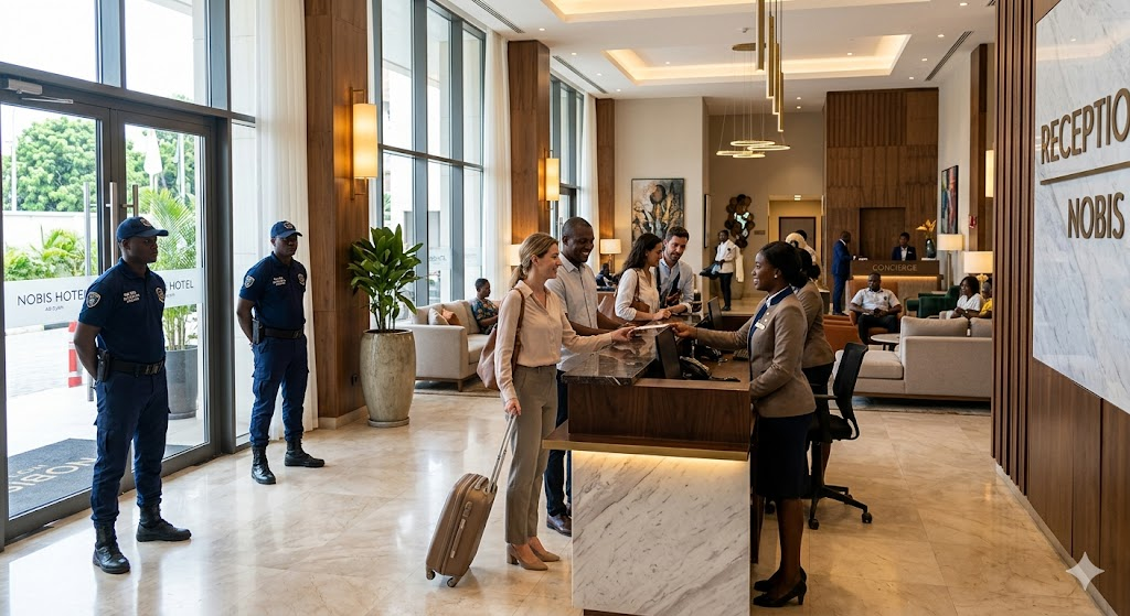 An eye-level photograph of a clean, brightly lit, high-end hotel lobby in Zone 4, Abidjan. Professional security guards in crisp uniforms stand discreetly near the entrance, and international travelers are checking in safely at the front desk.