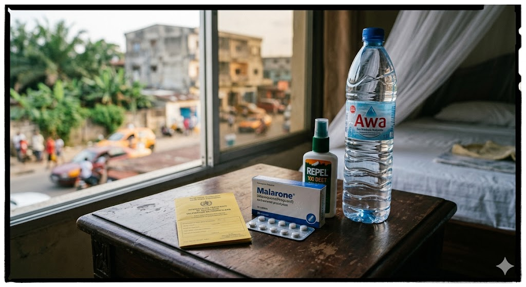 A close-up shot of a traveler's medical preparation kit on a table, featuring a yellow international certificate of vaccination card, a box of malaria prescription pills, a bottle of insect repellent, and a bottle of sealed mineral water.