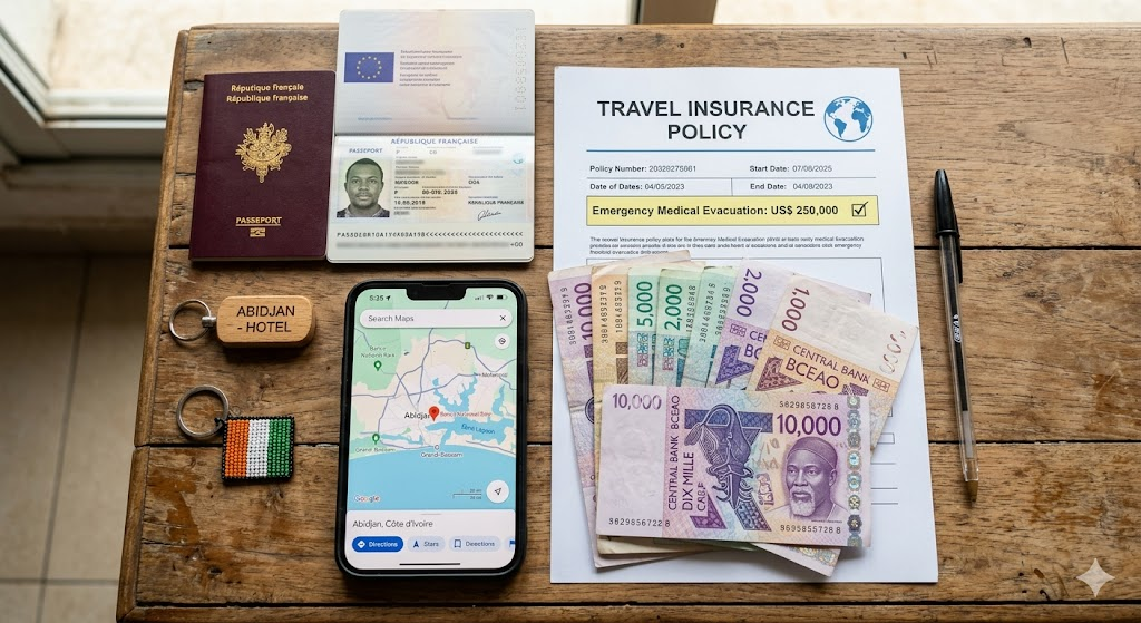A flat-lay photo of a traveler's essential documents neatly arranged on a wooden desk. It features a valid passport, a printed travel insurance policy document highlighting 'Emergency Medical Evacuation', a smartphone showing an open map app, and local West African CFA franc currency notes.