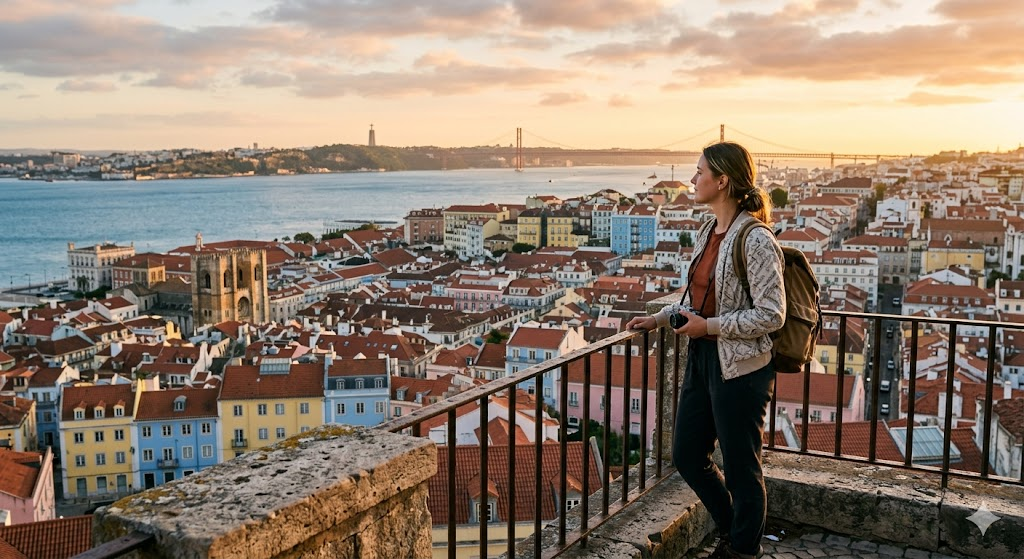 An inspiring solo travel photograph of a young adventurer standing on a historic stone scenic overlook in Lisbon, Portugal. Colorful tiled buildings stretch down to the blue Tagus River below, illuminated by the golden glow of a late spring sunset