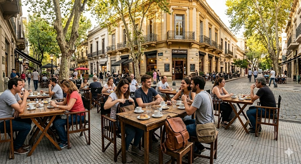 A wide-angle, eye-level photograph of a lively outdoor cafe in Palermo, Buenos Aires, during late afternoon. Tourists are sitting at wooden tables enjoying coffee, with their smartphones kept securely inside their zipped bags rather than on the table surfaces, showcasing safe travel habits.