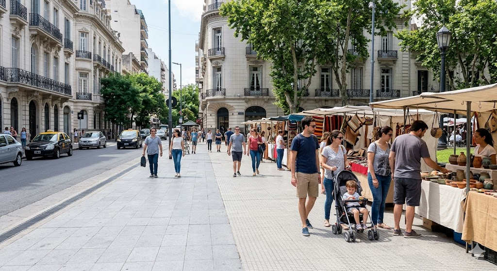 A crisp, realistic daytime photograph of the historic Recoleta neighborhood in Buenos Aires, showing clean, wide sidewalks, beautiful French-style architecture, and families walking safely past outdoor plaza markets under bright sunlight.
