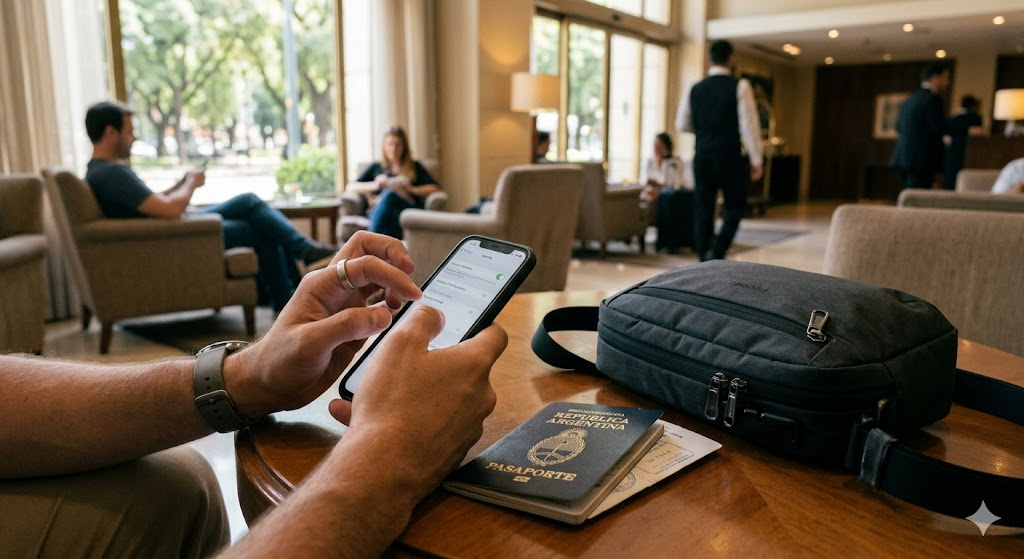 A close-up photograph of a traveler's hands carefully checking the security settings on a smartphone screen, with a rugged passport and a secure cross-body anti-theft bag sitting safely on a table next to them inside a well-lit hotel lobby