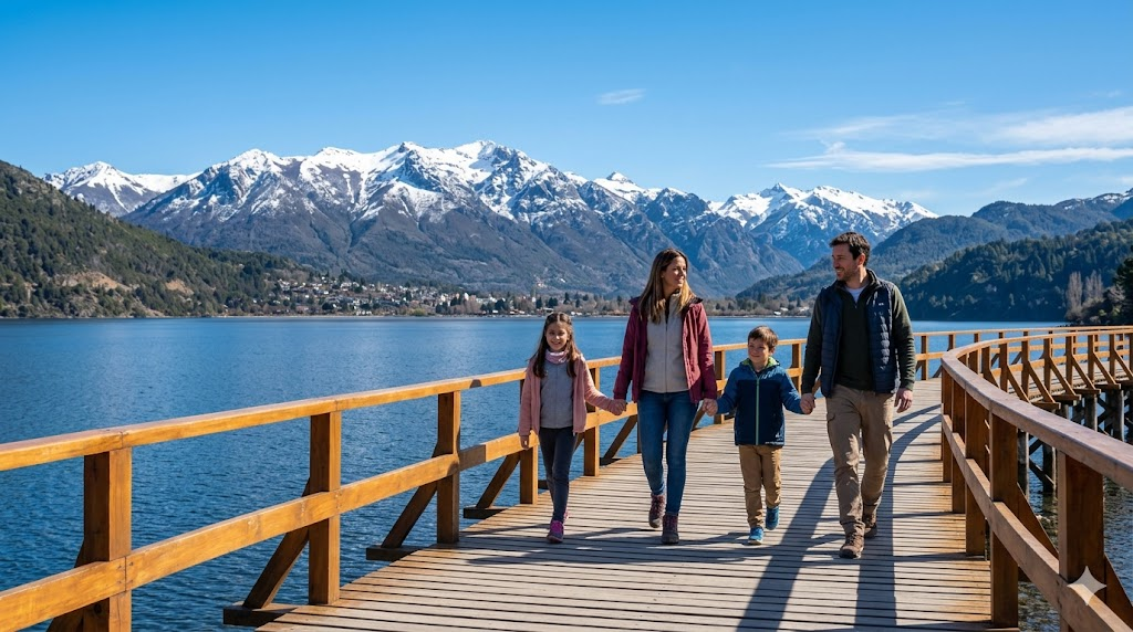 A beautiful horizontal photograph of a family walking hand-in-hand along a safe, pristine wooden boardwalk next to a calm blue alpine lake in San Martín de los Andes, with snow-capped mountains in the background under a clear sky.