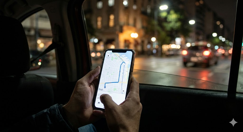 A first-person perspective photograph looking down at a smartphone screen displaying a secure ride-hailing application map, held tightly inside a moving vehicle with the city lights of Buenos Aires softly blurred through the window.