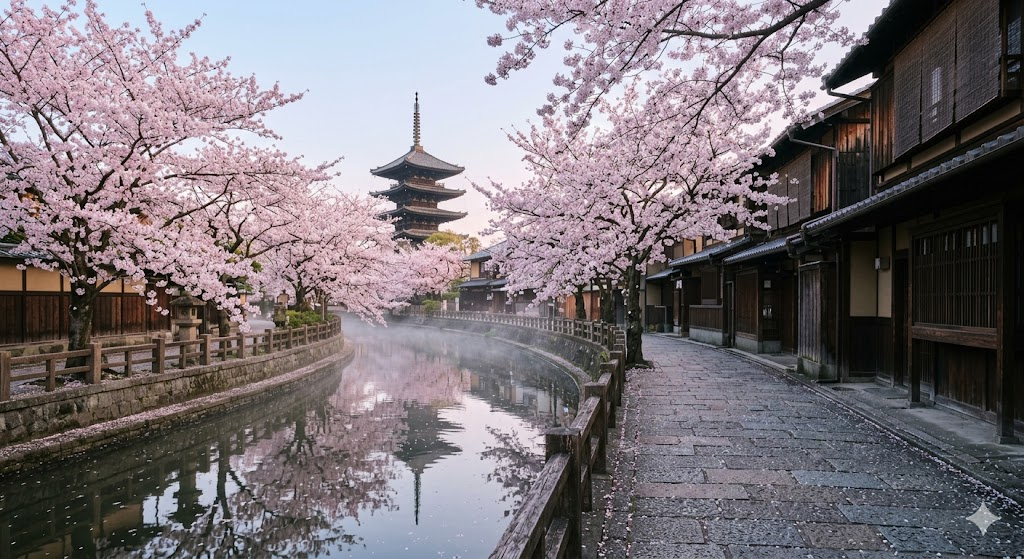 A wide-angle, eye-level photograph of a quiet, historic canal street in Kyoto during early morning spring. Pale pink cherry blossom trees line the water, their petals gently scattering onto the stone path. The soft morning mist rises slightly off the canal, reflecting an ancient wooden pagoda in the background with no crowds present