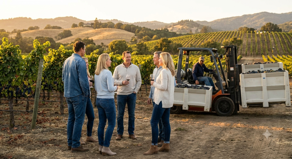 People enjoying wine tasting outdoors during harvest season, the best time to visit Napa Valley wine country.