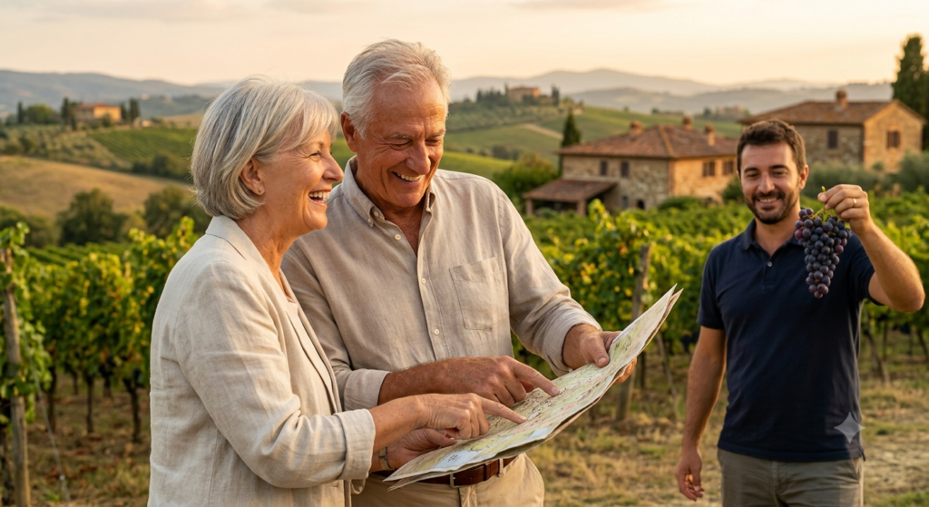 Authentic Experience: This candid shot from 2026 captures a couple truly exploring a Tuscan vineyard during the September harvest, a defining travel moment in Italy.