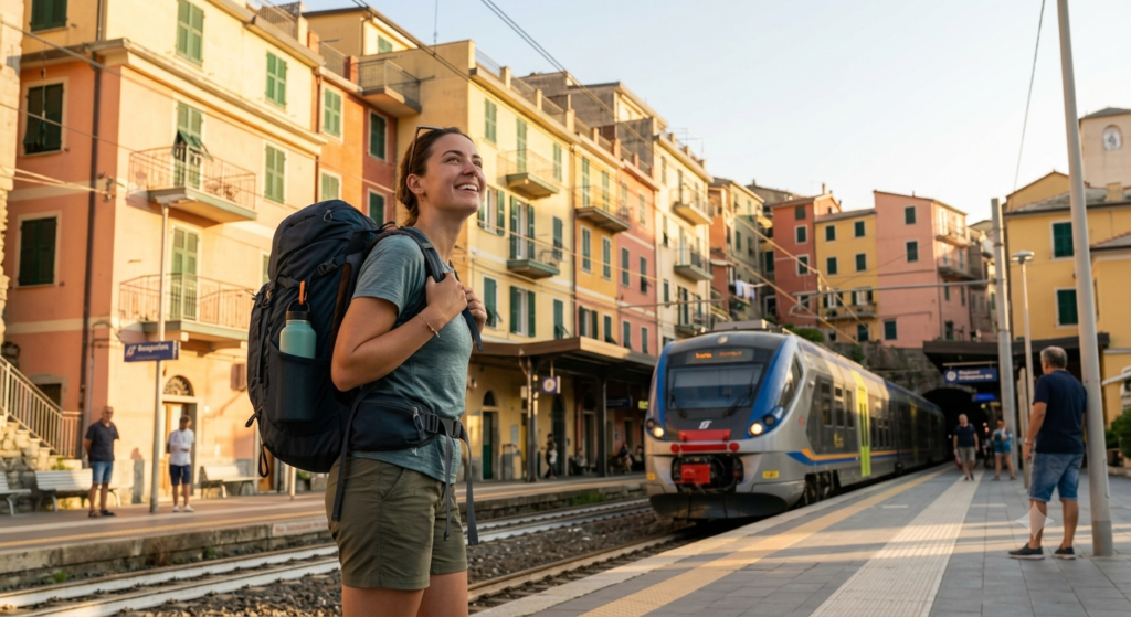 Shoulder Season Savings: This backpacker, capturing a peaceful train arrival in the Cinque Terre in September 2026, illustrates why Italy is the best country for budget travel during the shoulder season.