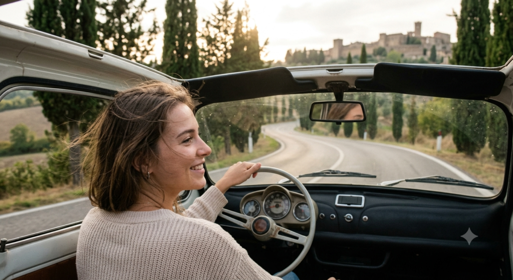 Freedom of the Road: This driver in her vintage convertible on a quiet Tuscan road in September 2026 captures the joy and ease of why Italy is the best country for a road trip.