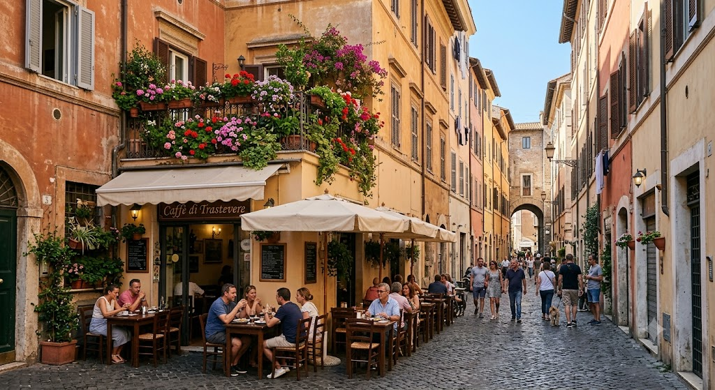 A sunny, narrow street in Rome, Italy With colorful historic buildings, outdoor cafe tables under umbrellas, and flowers blooming from a second-story balcony.