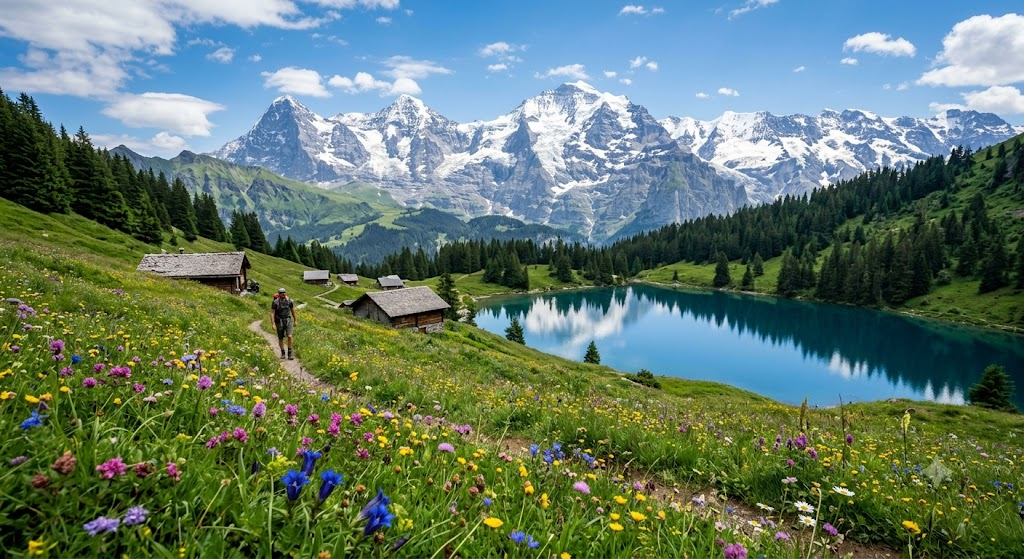 The majestic Swiss Alps in summer  Featuring green alpine meadows, bright wild-flowers, a clear blue lake, and snow-capped peaks in the far background.