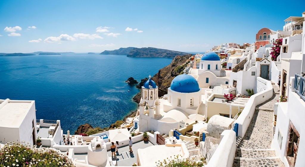 White buildings with iconic blue domes in Santorini, Greece, overlooking the deep blue Aegean Sea during a bright, sunny afternoon.