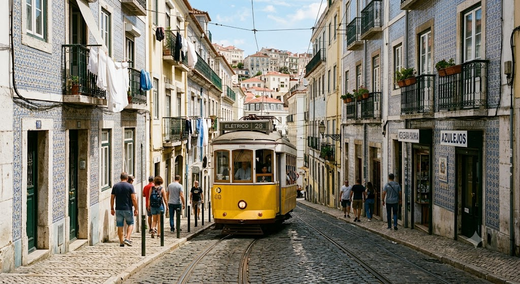 A historic yellow tram climbing a steep cobblestone street in Lisbon, Portugal, with traditional tiled buildings on either side.