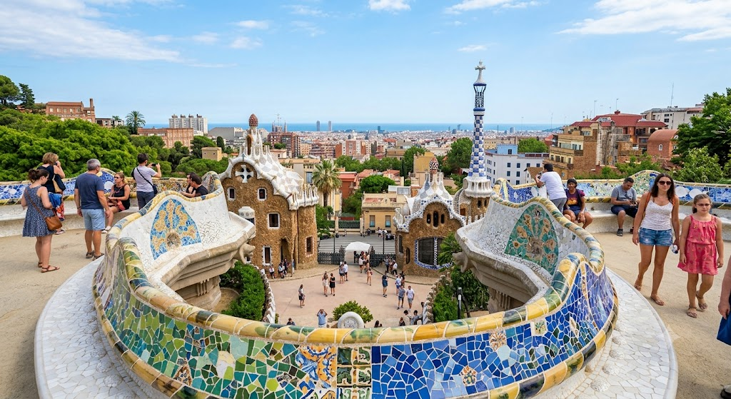 The beautiful Park Guell in Barcelona, Spain, showcasing colorful mosaic terraces and unique architectural shapes under the sun.