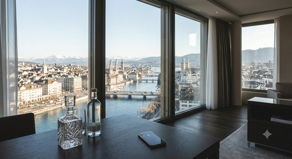 A view from an opulent suite in Zurich, showcasing exclusive, high-cost travel.