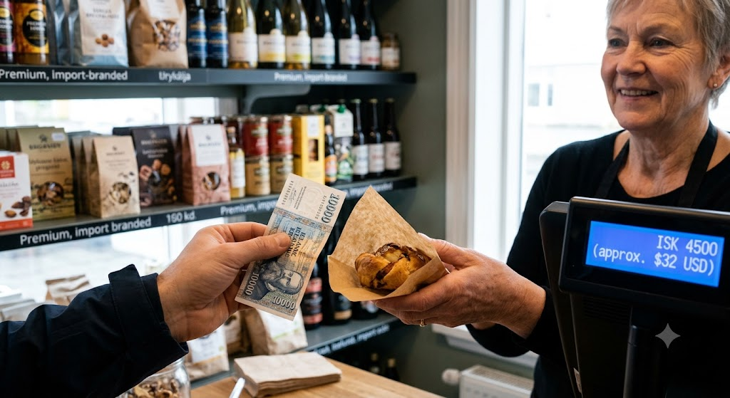 Paying for a small pastry in Reykjavik. The high numbers on the Icelandic currency and the high register total show the local cost of living.