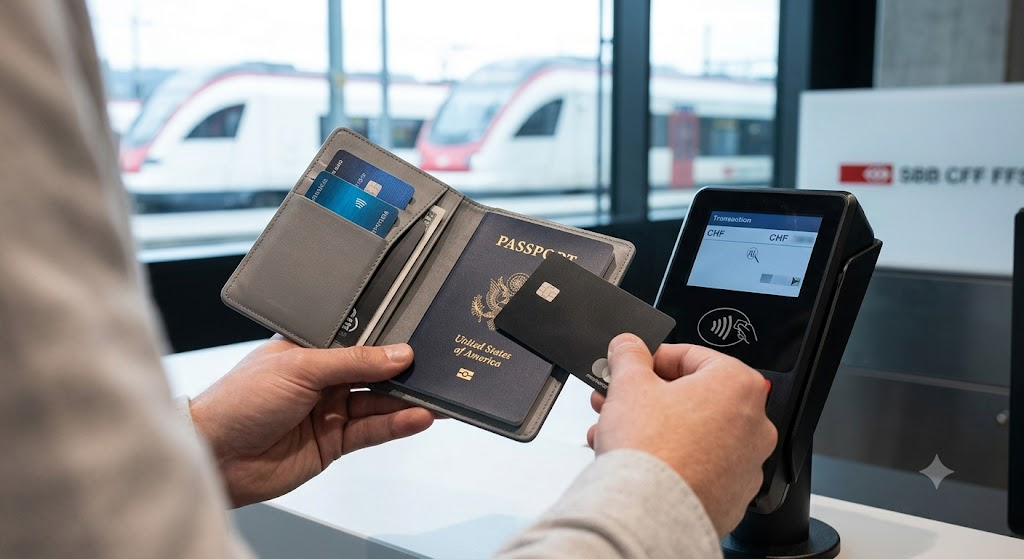 A traveler prepares to pay with a metallic travel credit card at a ticket counter in Zurich. Using the right card with no foreign transaction fees is a critical saving strategy.
