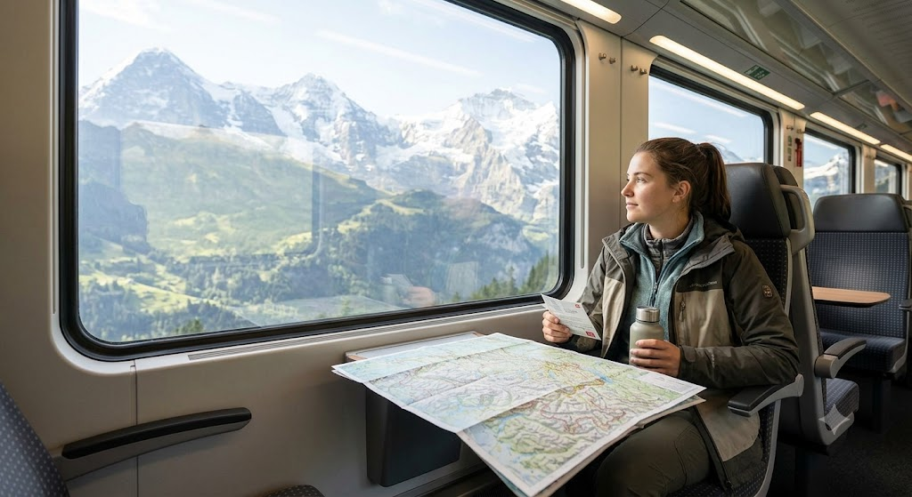 On a high-speed Swiss train. Investing in public transit passes, reusable water bottles, and self-catering is essential for visiting costly travel destinations responsibly.
