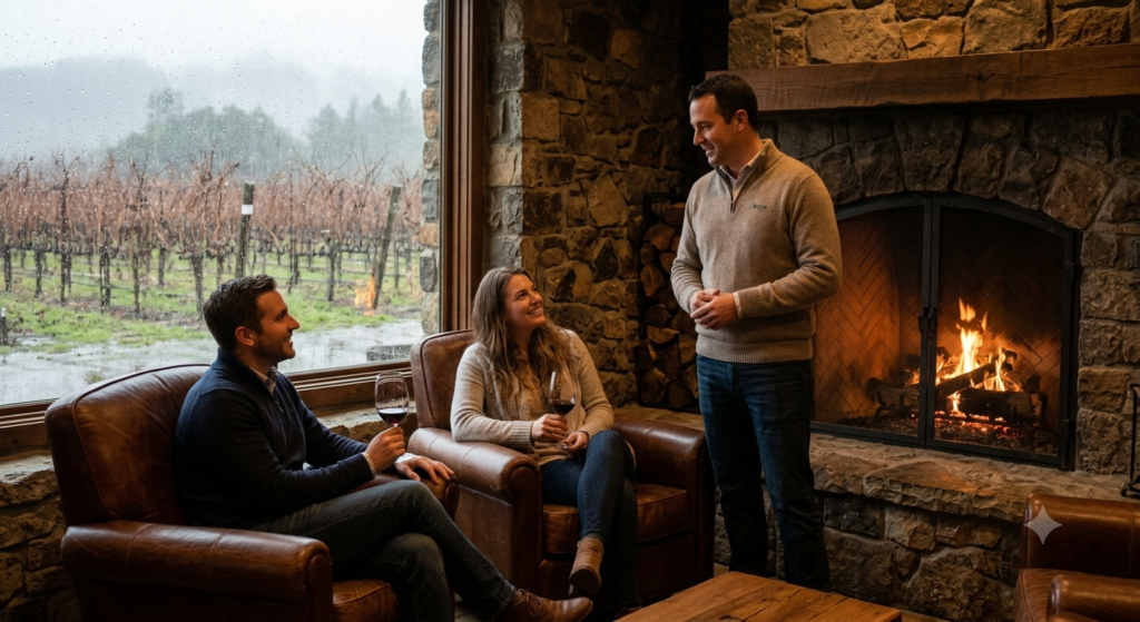 Friends enjoying red wine indoors by a fireplace during winter, showcasing the best time to visit Napa Valley wine country for low crowds.