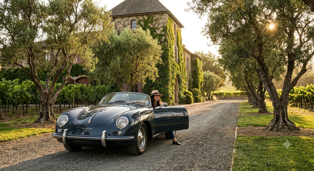 Classic convertible parked at a luxury estate, highlighting the best time to visit Napa Valley wine country for scenic drives.