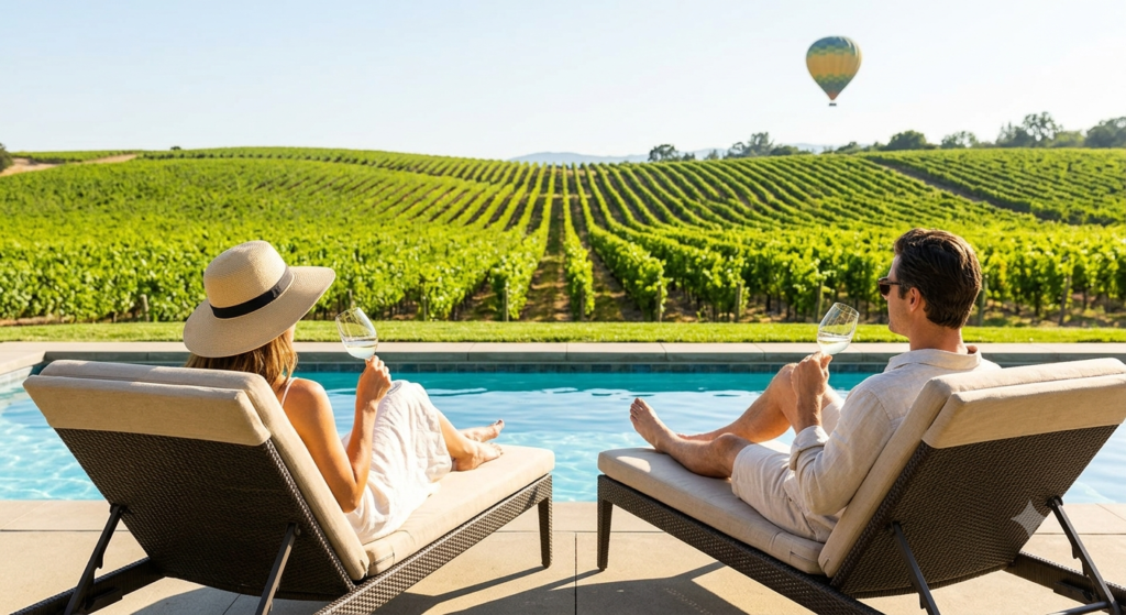 Couple relaxing poolside with wine overlooking vineyards and a hot air balloon during the best time to visit Napa Valley wine country.