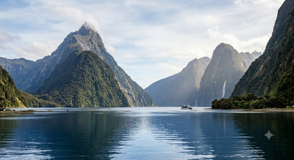 Boat cruising through dramatic fjords at Milford Sound in New Zealand, one of the most beautiful countries to visit in the world.