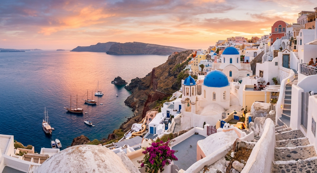 White dome churches overlooking the Aegean Sea in Greece, ranking high on the most beautiful countries to visit in the world.