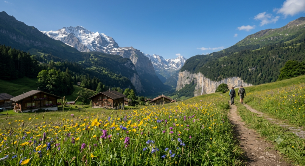 Wildflowers along a scenic trail in the Swiss Alps, showcasing Switzerland as one of the most beautiful countries to visit in the world.