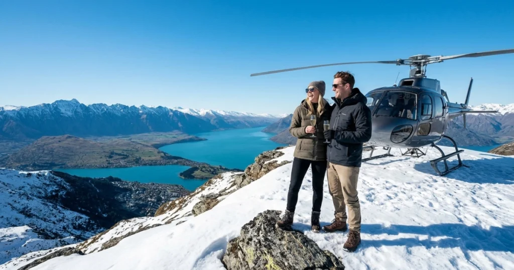 A couple, having just arrived via private helicopter, celebrates with champagne on a remote snowy peak overlooking Queenstown and Lake Wakatipu.