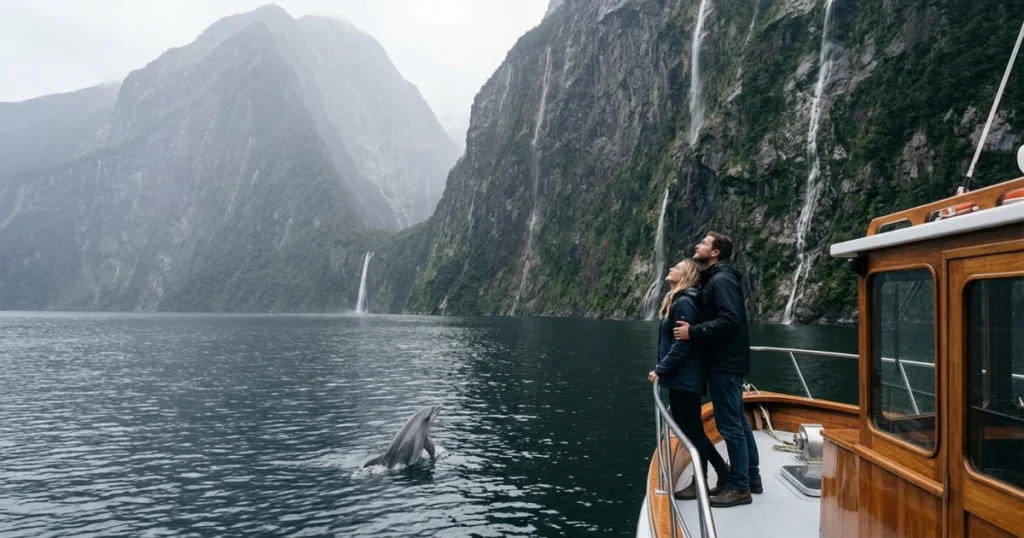 A couple embraces on a small boat, dwarfed by the massive sheer cliffs and cascading waterfalls of Milford Sound on a misty morning.
