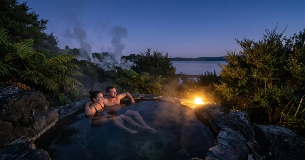 A couple relaxes intimately in a private, steaming mineral pool surrounded by native ponga ferns in Rotorua at twilight.