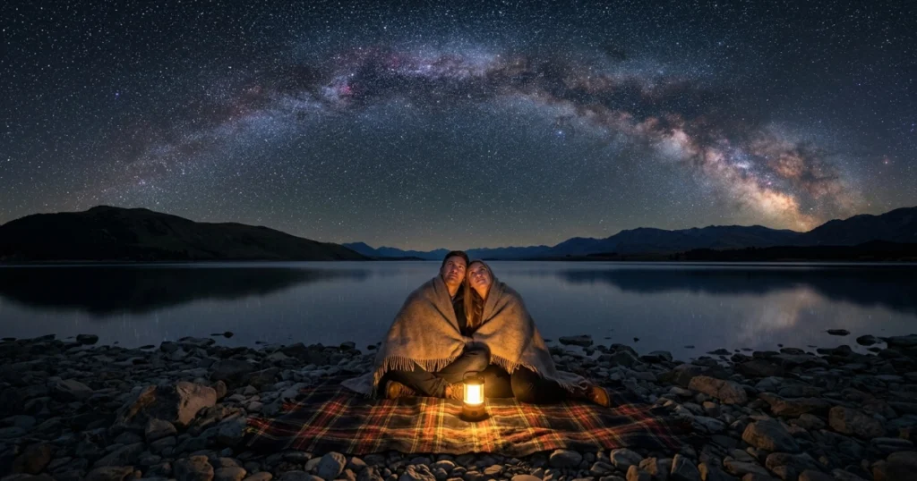 A couple sits by Lake Tekapo at night, bundled in a blanket, looking up at the vibrant arc of the Milky Way as it stretches over Aoraki / Mt Cook.
